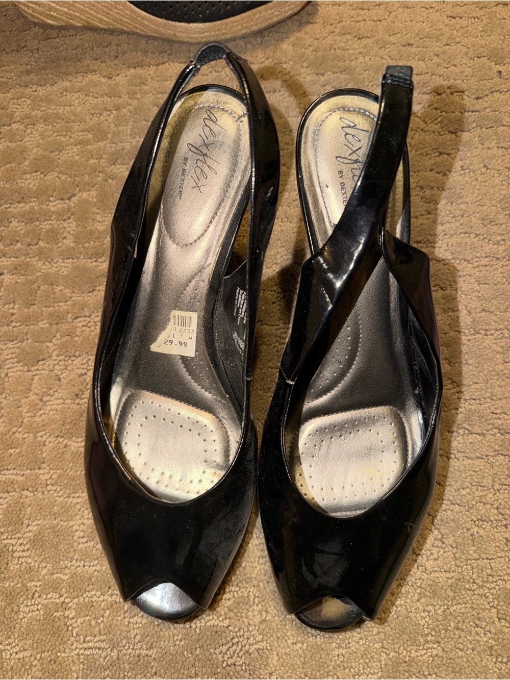 dexflex comfort Black Patent Peep Toe Slingback Wedges